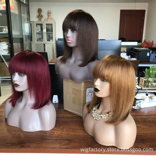 Factory wholesale 4# 27# 99j# colored Wigs with no Lace, remy hair wigs with bangs, peruvian human hair wig with bangs